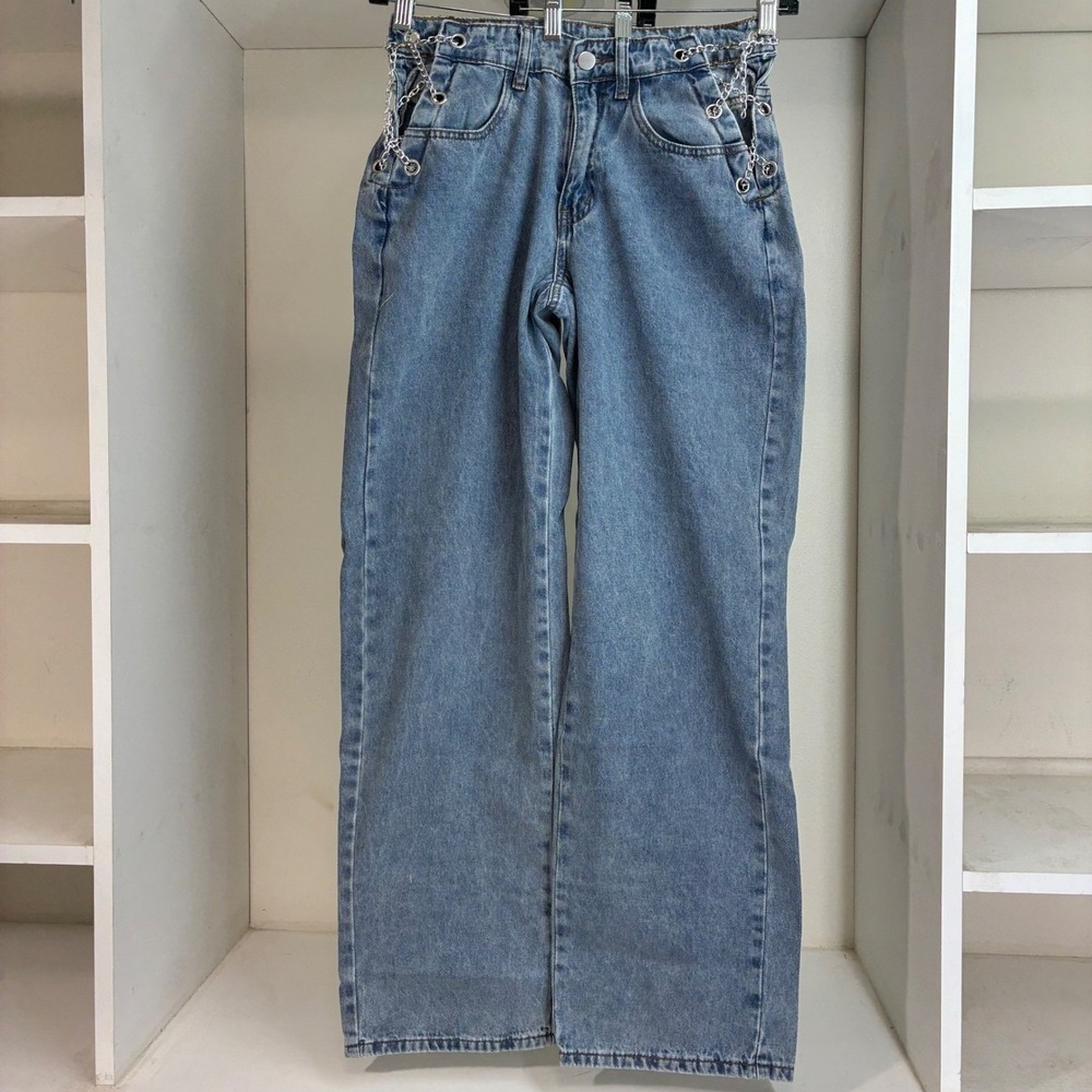 Womens Light Wash Denim Jeans Chain‎ Detail Wide Leg Y2K Style